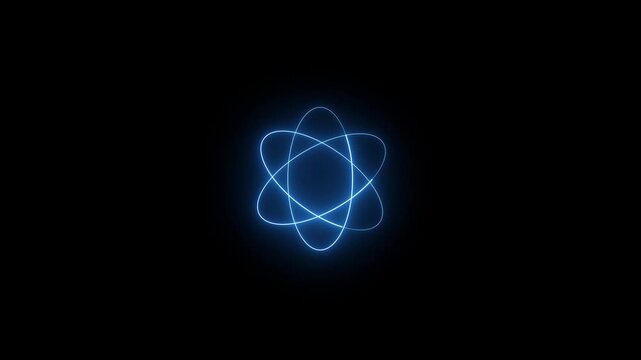 Glowing blue atom symbol with neon electron orbits on dark black background, futuristic technology and science concept, minimal abstract illustration with copy space.