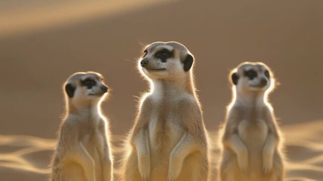 Alert meerkat family standing guard in desert landscape warm sunset light african wildlife conservation