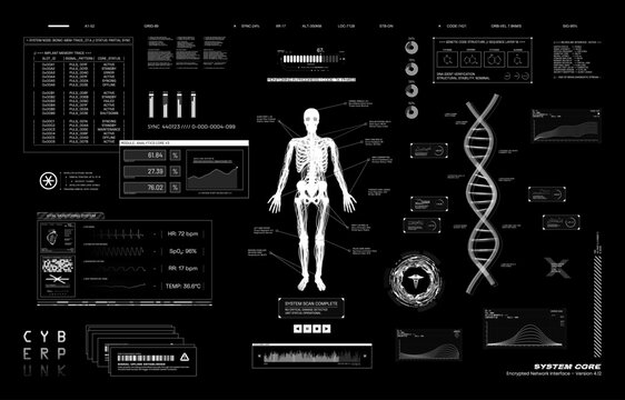 Head Up Display (HUD) UI for Medical App, Modern medical examination in Cyberpunk style. Ultrasound and cardiogram. Hi-tech interface with virtual body scanning. Vector HUD UI elements for App.