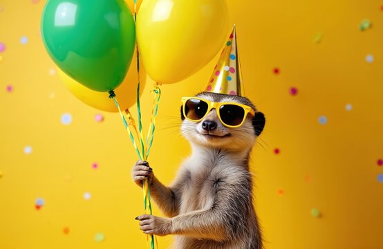 Meerkat wears party hat and sunglasses, holding balloons. This cute animal is ready for a birthday celebration with confetti. Great for kids parties or funny greetings.