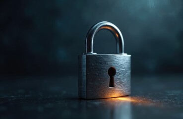 Fototapeta premium Silver metal padlock with keyhole against dark backdrop. Symbol of safety, access control, and data protection. Represents security, privacy and confidentiality. Strong defense and trust.
