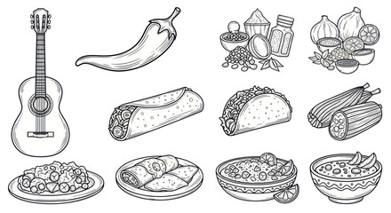 Mexican Food and Guitar Hand-Drawn Illustration Collection