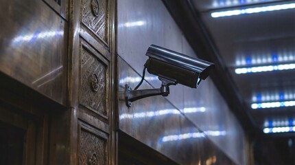 A contemporary surveillance camera is installed near ornate brass architectural features on a building, highlighting a blend of modern security systems and traditional construction design details