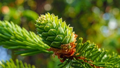 Close-up of a vibrant green conifer tree branch with new growth. The focus is on the young cone, and its needles are detailed