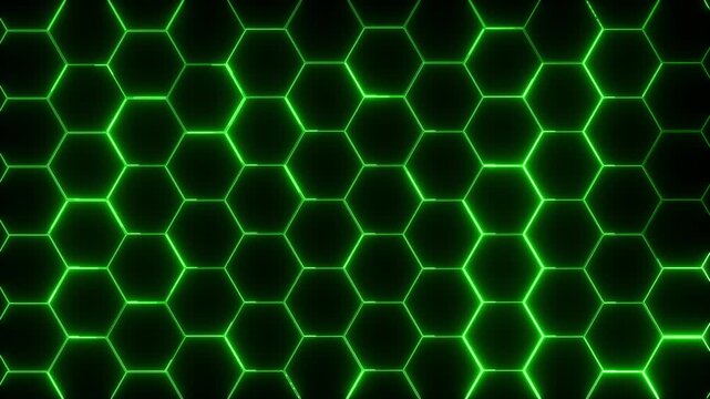 Glowing neon green hexagon honeycomb grid on dark background, futuristic tech pattern wallpaper with luminous lines and abstract geometric texture.
