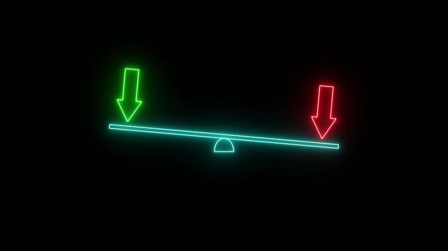 Neon seesaw balance icon on black background with green and red down arrows indicating weight comparison, glowing minimalist line art.