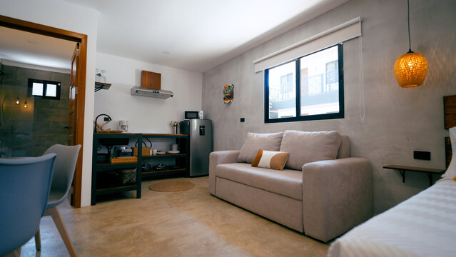 Contemporary studio apartment presenting an open concept living room, a functional kitchen, and a sleeping area, featuring minimalist design