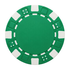 Single green poker chip with white dice symbols and checkered edge isolated on a transparent background