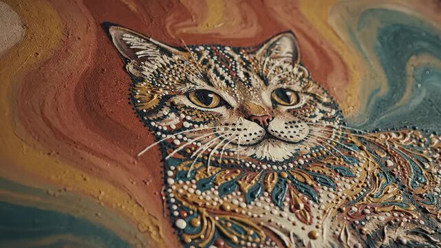 a detailed artwork of a cat, with intricate patterns and colors. The cat's expression is calm, and the background swirls with vibrant hues.