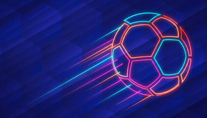 A brightly colored soccer ball with neon lines streaks across a dark blue geometric background