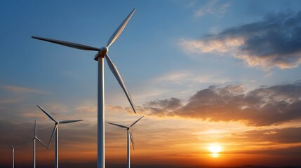 Wind turbines stand against a vibrant sunset illustrating renewable energy gene n in a vast landscape