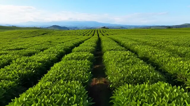 Lush Green Tea Plantation Spreads Across Rolling Hills Under a Clear Blue Sky