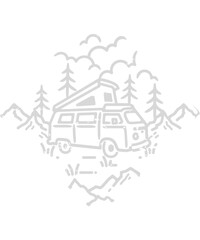 Obraz premium Camper van adventure in mountains with pine trees and scenic clouds