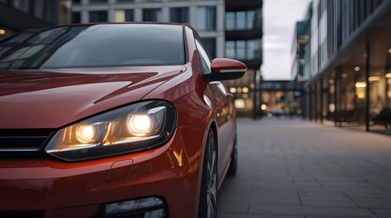 Fototapeta premium Close up of a gleaming orange car with illuminated headlights parked on an urban street at dusk