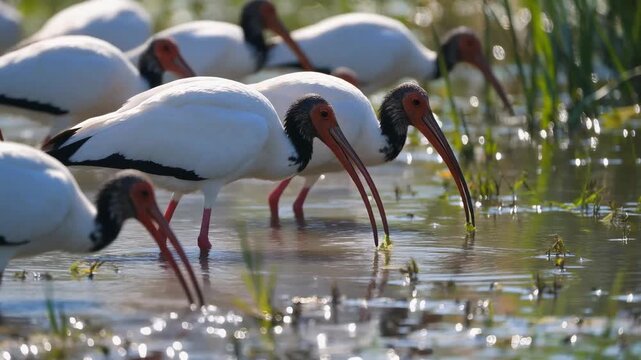 American white ibis foraging in wetland habitat at waters edge sunny wildlife scene with birds