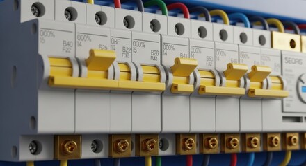 Modern Circuit Breakers and Electrical Wiring in a Residential Power Distribution Panel for Home Safety and Energy Management Systems