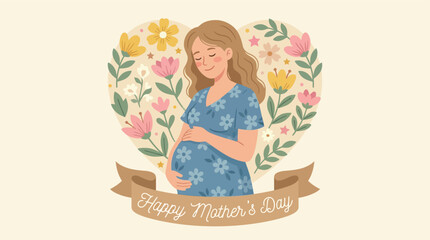 Obraz premium Gentle illustration of a pregnant woman cradling her belly with beautiful floral heart design
