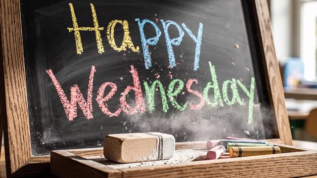 Chalkboard with Happy Wednesday written in colorful chalk, surrounded by chalk pieces and eraser in a wooden tray, viewed from a slight angle