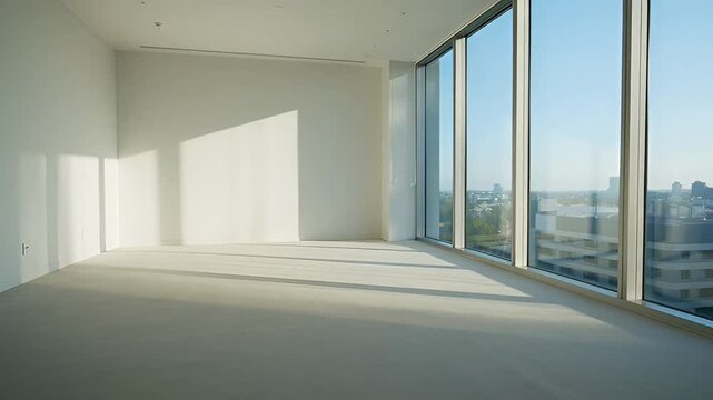 Spacious bright empty room with large windows overlooking cityscape in the daytime