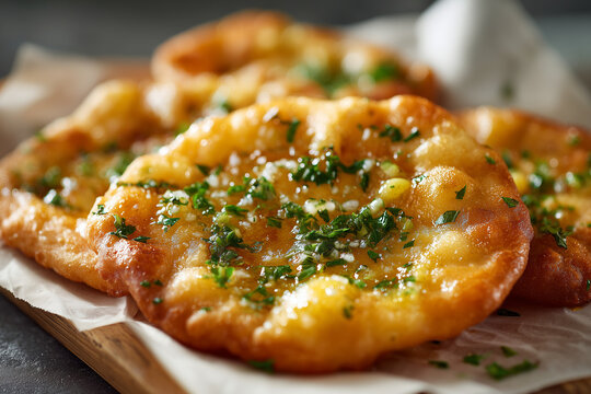 Medium Close Up of Traditional Hungarian Langos with Garlic Butter in Authentic Street Food Style