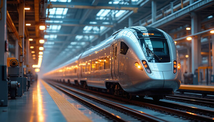 Obraz premium Modern high speed train on assembly in a clean bright factory. Shiny steel vehicle on tracks, production line equipment, illuminated interior. Futuristic transport industry.