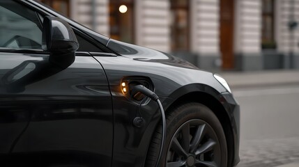 Black electric car connected to a charging cable in an urban setting