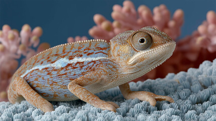 Fototapeta premium Close up Profile of Chameleon on Blue Background