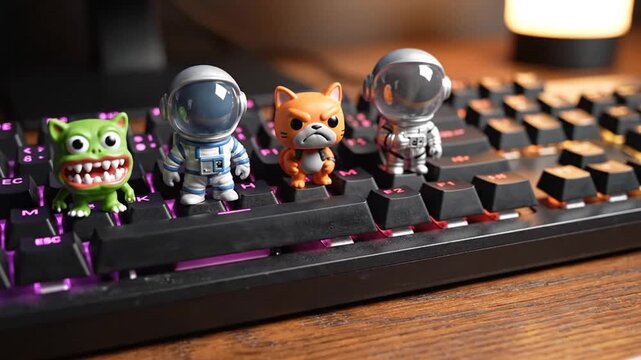 Close-up view of miniature figurines on a keyboard, including monsters and astronauts, on a wooden desk with ambient lighting.