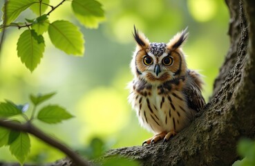 Fototapeta premium Close up of cute owl with big yellow eyes sitting on tree branch. Green foliage background, natural forest setting. Bird is looking directly at camera, attentive stare.