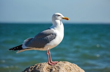 Fototapeta premium White and grey seagull stands on rock. Bird looks out over blue ocean water. Clear sunny day on sea coast. Animal wildlife scene.