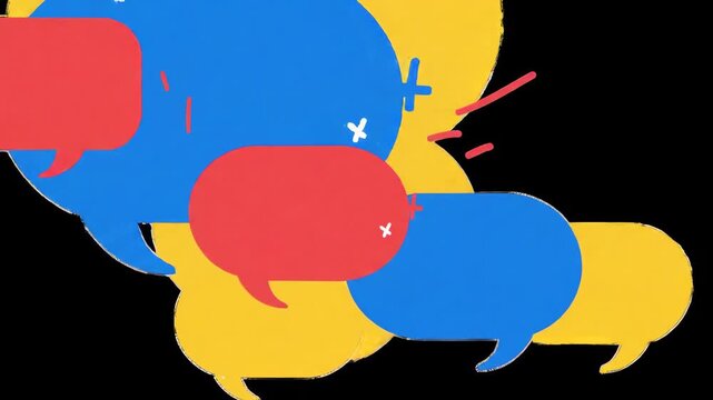 Animated speech bubbles in primary colors rotating on black background ideal for communication or social media related visuals
