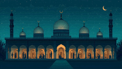 transparent mosque with silhouettes of activities 