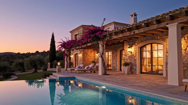 The villa features a serene pool with comfortable loungers beside it. The elegant villa is adorned with vibrant flowers and a picturesque backdrop of trees and hills.