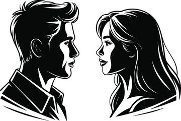 Romantic couple silhouette facing each other, black and white vector illustration, love relationship concept portrait profile artwork design © Amelia's orld