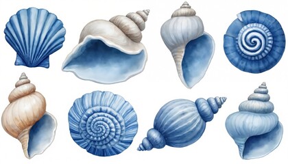 Fototapeta premium Watercolor blue and white seashells assortment. Collection of ocean shells includes spiral conch, scallop, and whelk types. Marine life forms arranged on white background.