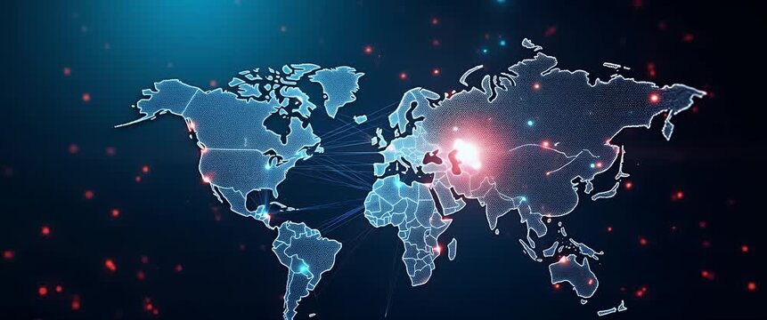 Cinematic digital world map animation, glowing data nodes pulse, camera slowly pans across continents, network connections illuminate, highlighting global connectivity and technology.
