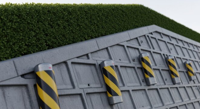 Concrete Parking Wheel Stops with Striped Safety Bollards and Green Hedge - Urban Landscape Design and Commercial Property Boundary