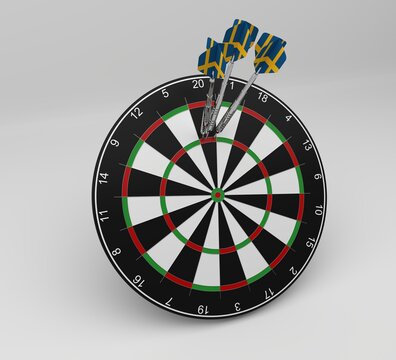 Dart board with three darts in triple twenty bed and flag of Sweden on flights