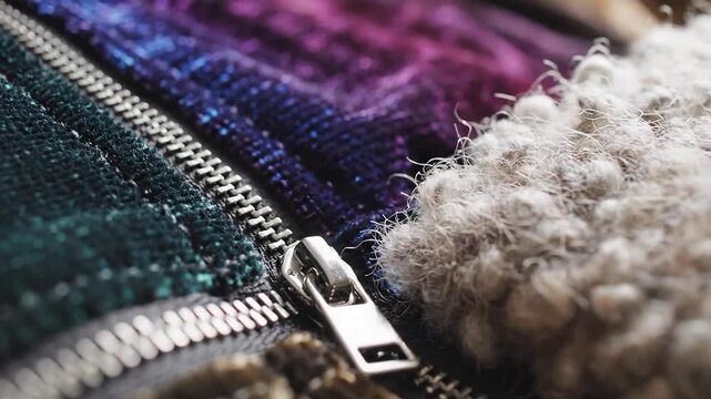 Closeup macro shot of a metallic zipper on a textured fabric with vibrant purple and blue hues and fluffy white material showcasing intricate details and luxurious textures.