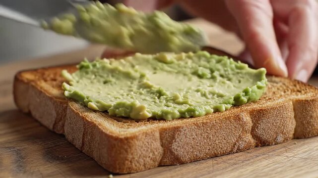 Closeup shot of a hand using a knife to spread creamy avocado mash onto a slice of toasted bread on a wooden cutting board healthy breakfast preparation.