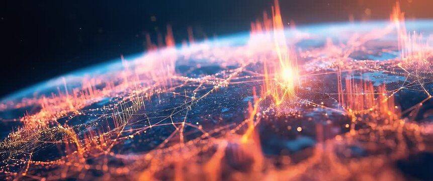 Glowing data lines pulse across a digital Earth in a cinematic, futuristic style, with a slow pan revealing dynamic analytics and a vibrant network atmosphere, ideal for technology marketing.