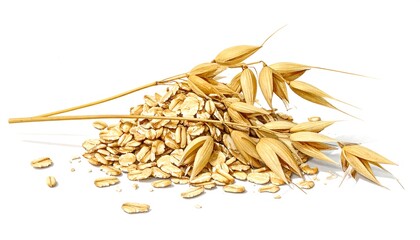 Close-up of a heap of rolled oats alongside a stalk of ripe oat grains, showcasing their natural, golden hue against white