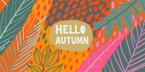 A vibrant illustration with tropical leaves and a hello autumn message © Juran