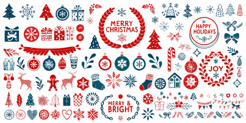 Festive collection of christmas icons and holiday greetings in red and blue © Juran