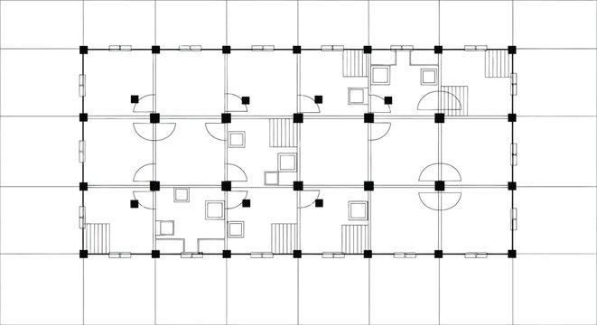 Architectural floor plan drawing shows a simplified layout of multiple rectangular rooms connected within a structural grid marked by black columns.