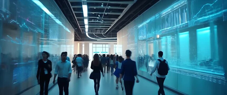 People walk through a futuristic office hallway with digital displays, as the camera slowly tracks forward, capturing the cinematic flow of innovation and modern technology.