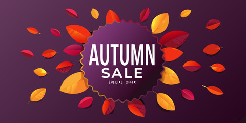 Autumn sale promotion with colorful falling leaves and bold typography © Juran