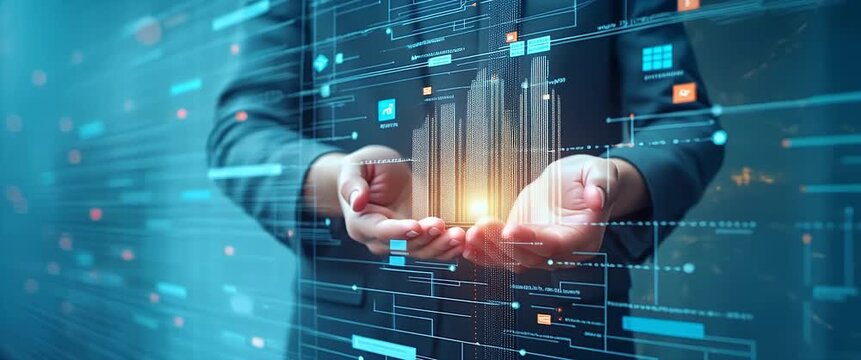 Business professional studies futuristic financial growth charts, camera gently pans, ambient office light flickers; cinematic, realistic style highlights investment, innovation, success.