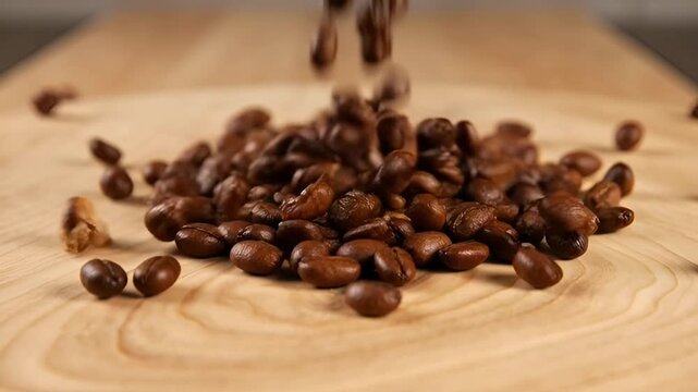 Fresh roasted coffee beans being poured onto a wooden surface closeup