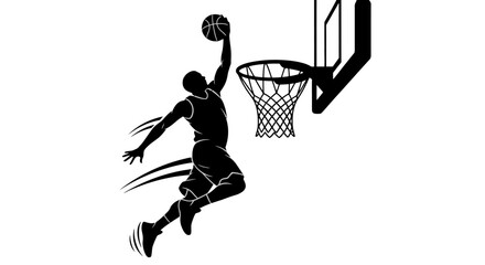 Basketball player dunking ball into hoop silhouette. © Khansa505